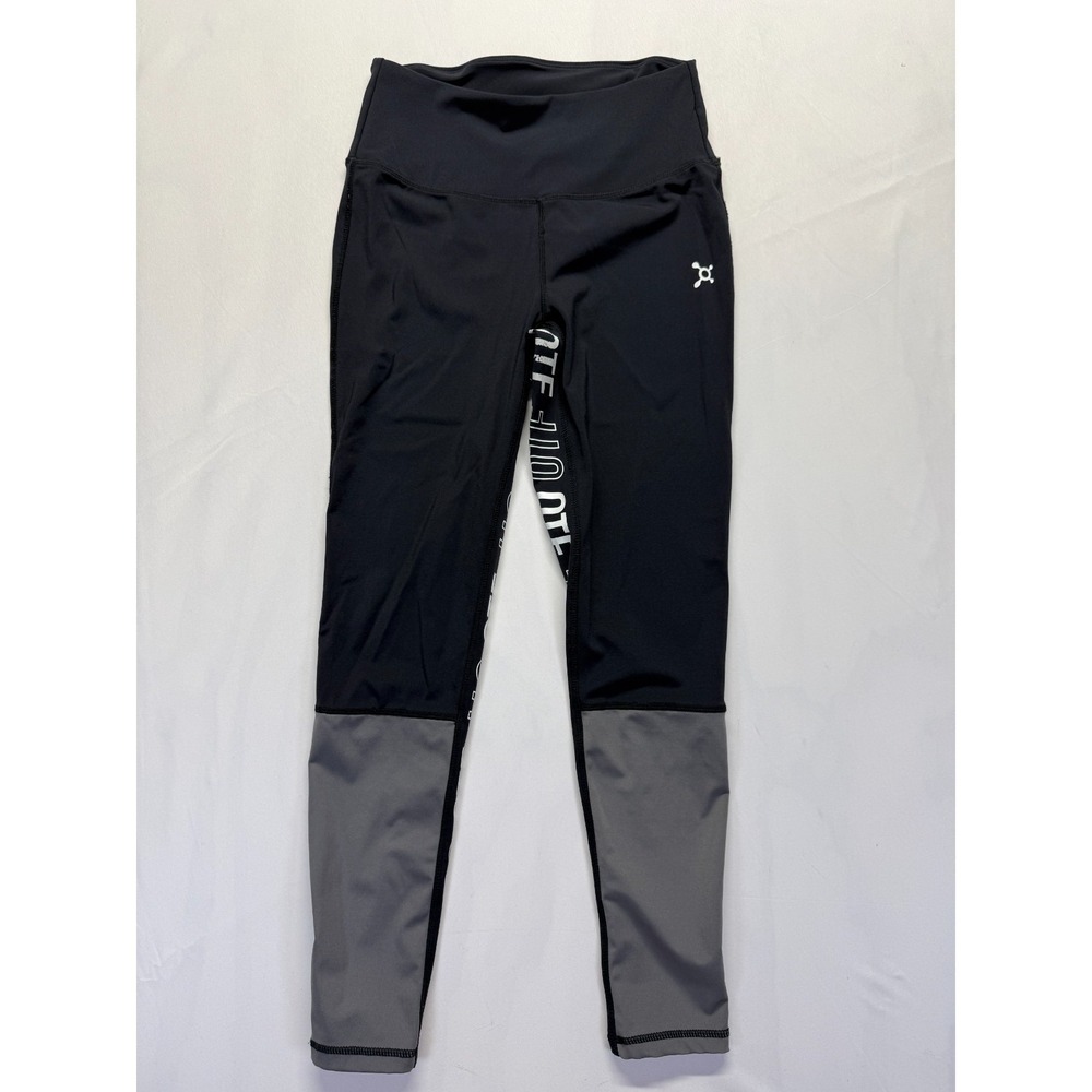 Orangetheory‎ Fitness Leggings Womens Small Black Gray Tape Logo Mid Rise Yoga